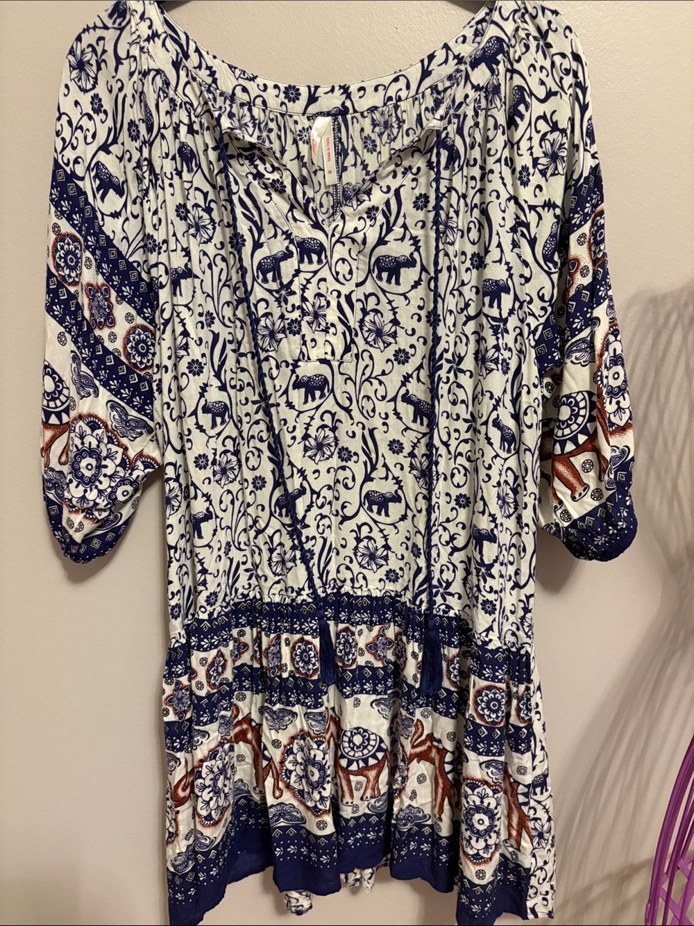 True Destiny Navy, White & Brown Boho Elephant Tunic